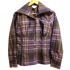 PULI Purple plaid Button up double collar jacket blouse. Feminine. Medium
